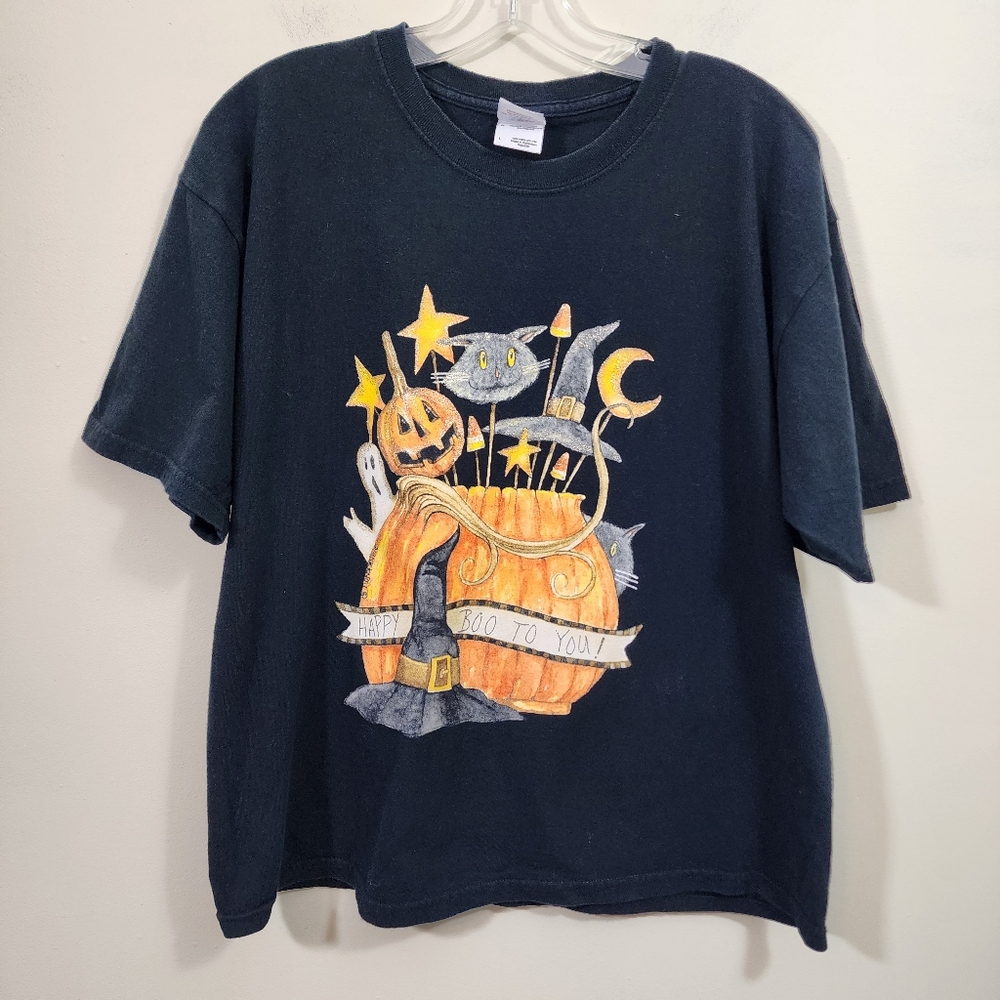 Gildan Halloween cat pumpkin ghost sparkly graphic t-shirt woman's size L